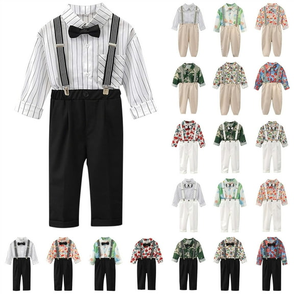 lcziwo Toddler Dress Suits Baby Boys Clothes Sets Long Sleeve Bow Tie Shirts Suspenders Pants Gentleman Outfits, Black, 2 Years