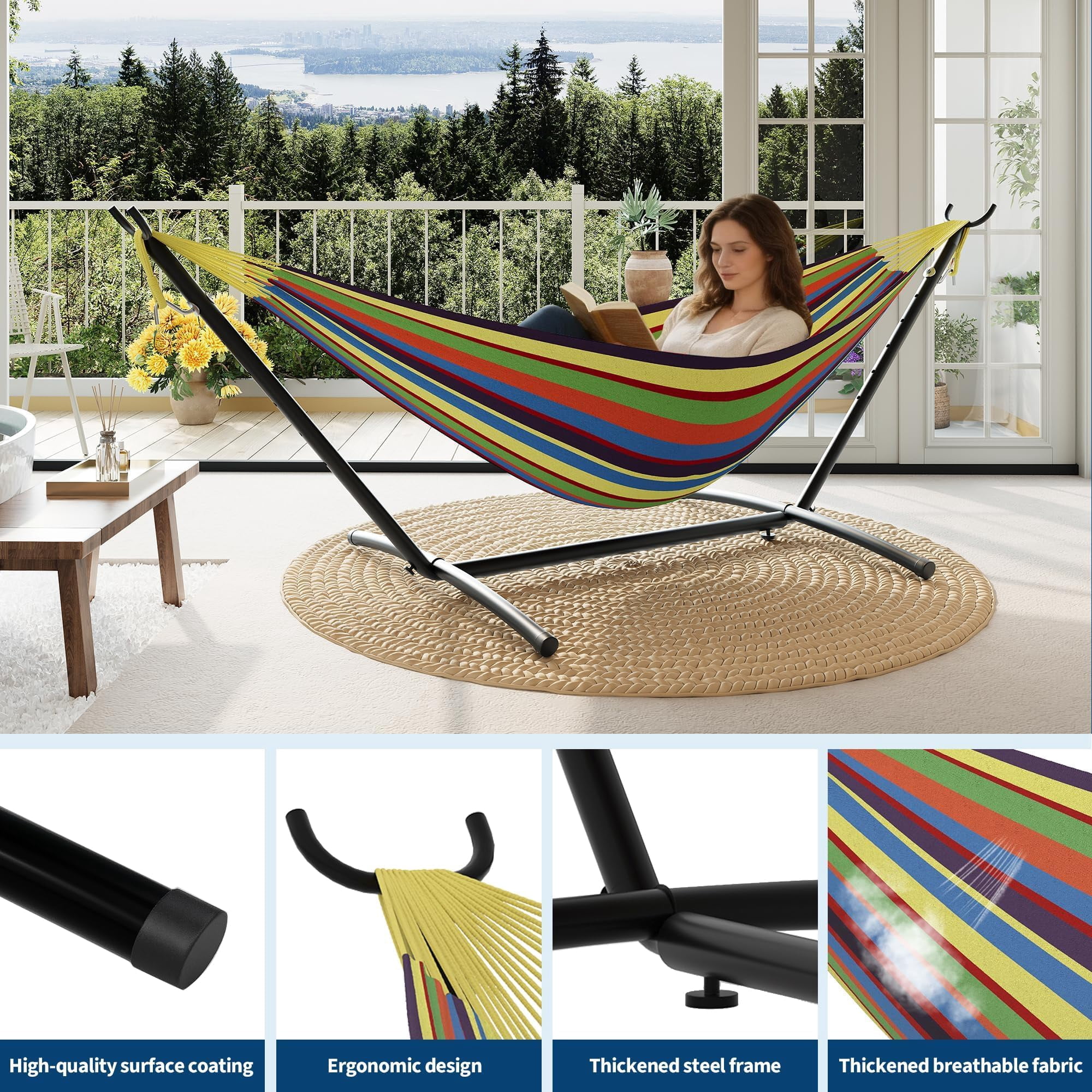 Double Hammock with Heavy Duty Steel Stand, 450 lbs Capacity, Portable Outdoor Hammock Set with Carry Bag for Patio, Yard, Camping, and Garden