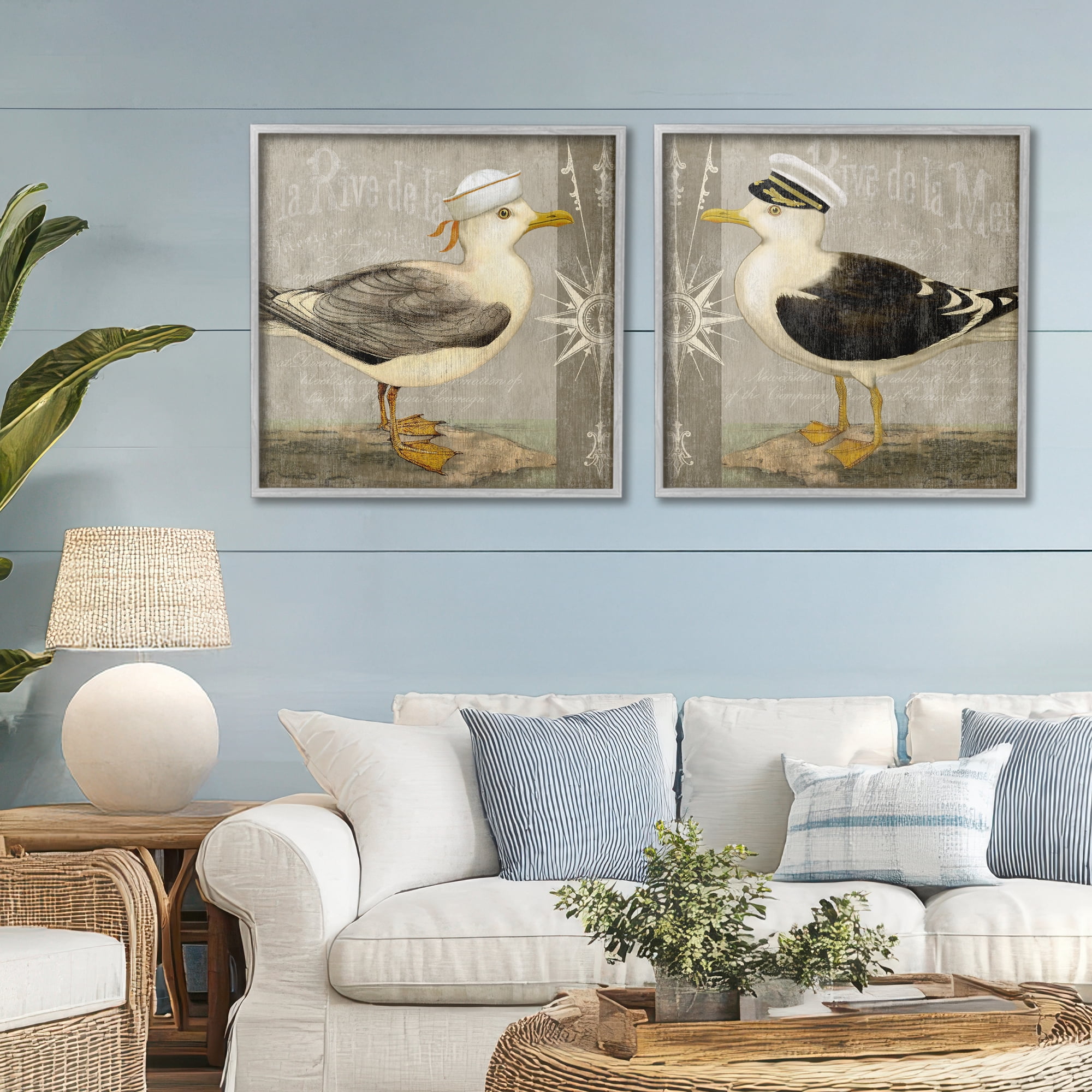 Stupell Industries Little Seagulls with Hats 2 Piece Gray Framed Giclee Art Set, design by Suzanne Nicoll
