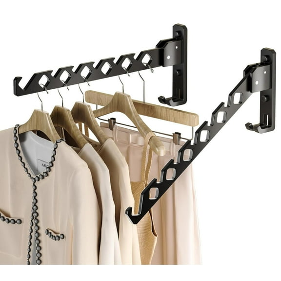 Wall Mount Coat Hanger Holder Black Clothes Drying Organizer Rack Garment Hooks Aluminium Retractable Folding Indoor Wall Mounted Hanger Space Saver for Laundry Room Bedroom Black 2Pack