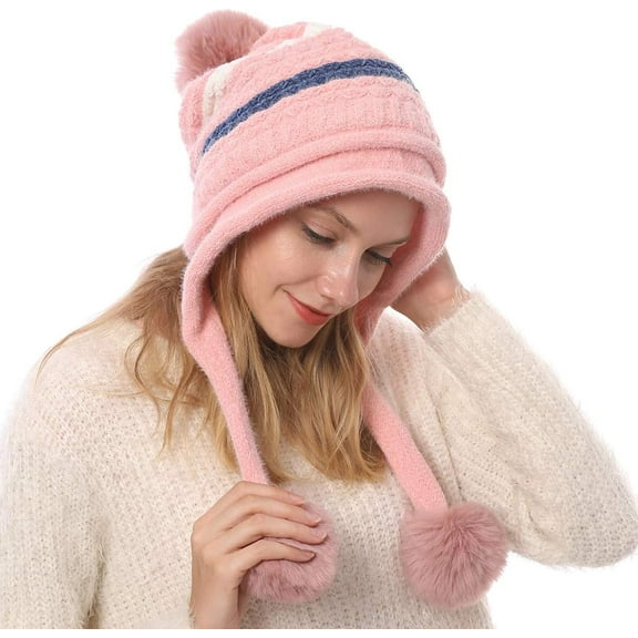 CAILDANL Women Winter Peruvian Cover Ears Beanie Hat Ear Flaps Sherpa Ski Snow Hats Knit Fleece Lined 3 Pom Pom