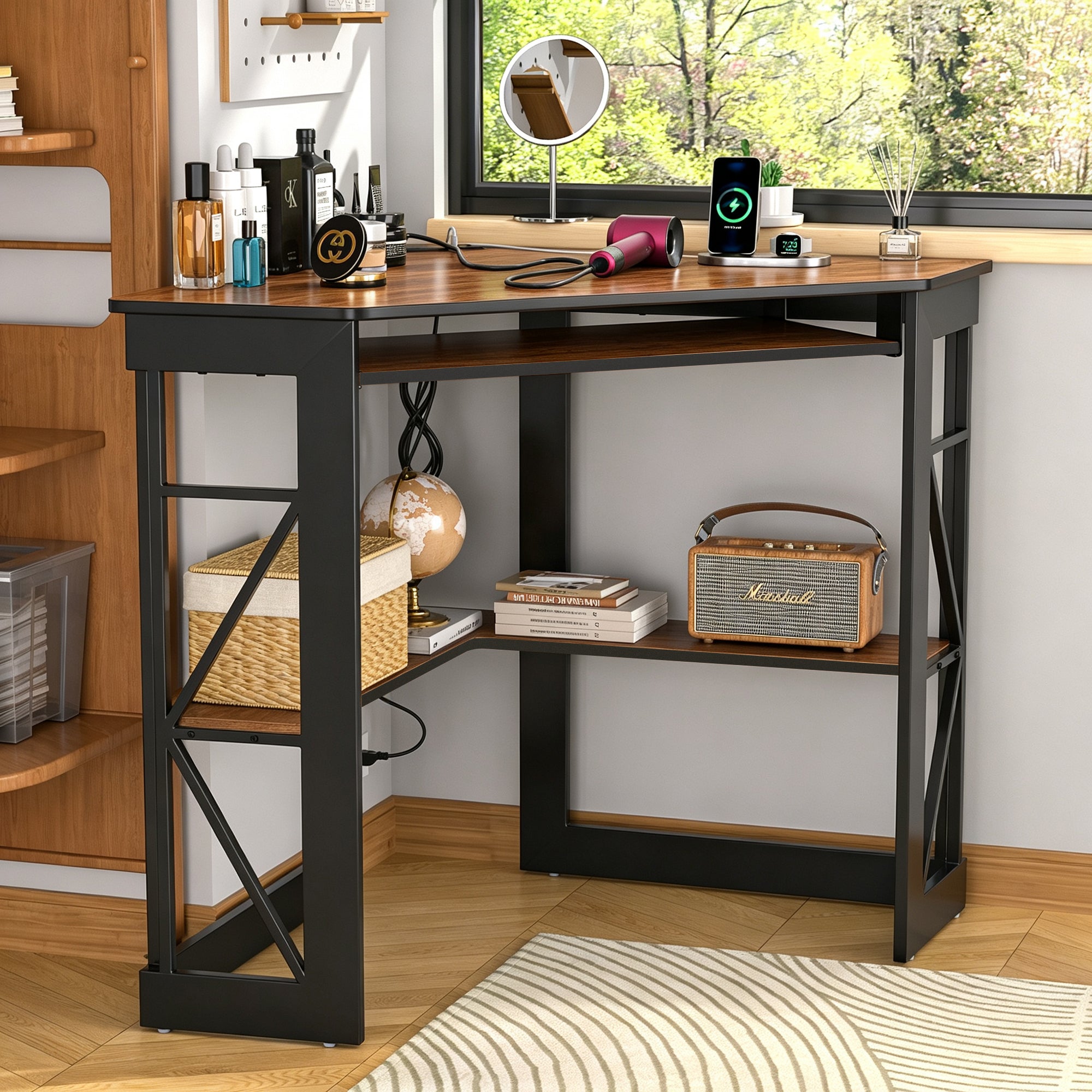 VECELO Corner Computer Desk with Charging Station, Dark Brown photo 3