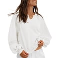 thumbnail image 2 of Women's V-Neck Lace Detail Sweatshirt, Soft Puffed Sleeve Pullover Top with Ribbed Trim, Cropped Casual Loose Fit Tops for Fall Fashion and Daily Comfort Wear White XXL, 2 of 5