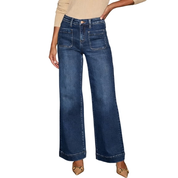 Women's High Waist Wide Leg Straight Jeans with Patch Pockets - Stretch Denim Casual Pants for Everyday Wear