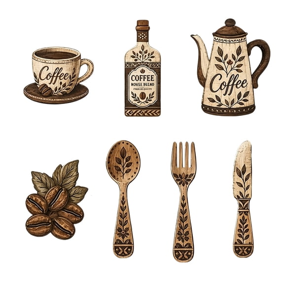 Vintage Coffee Theme Wooden Wall Decor Set,7 Piece Rustic Carved Wood Wall Art Farmhouse Kitchen Coffee Bar Hanging Ornaments