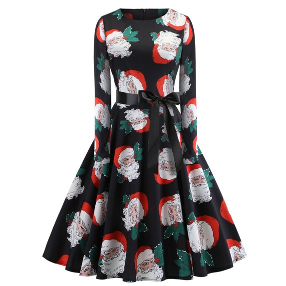asdoklhq Skirt for Women Plus Size,Christmas O-Neck High Waist Long Sleeve Black Ribbon Large Skirt Gown Retro Dress