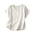 thumbnail image 2 of ClodeEU Women's Linen Blend V Neck Short Sleeve Top with Rolled Cuff Sleeves ,Solid Color Casual Spring Summer Blouse White,Women's Plus XXL, 2 of 5