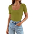 thumbnail image 3 of Lixiuxyad Women Short Sleeve Square Neck T Shirts Summer Slim Fitted Ribbed Knit Basic Casual Tee Tops Trendy Casual,Green M, 3 of 7