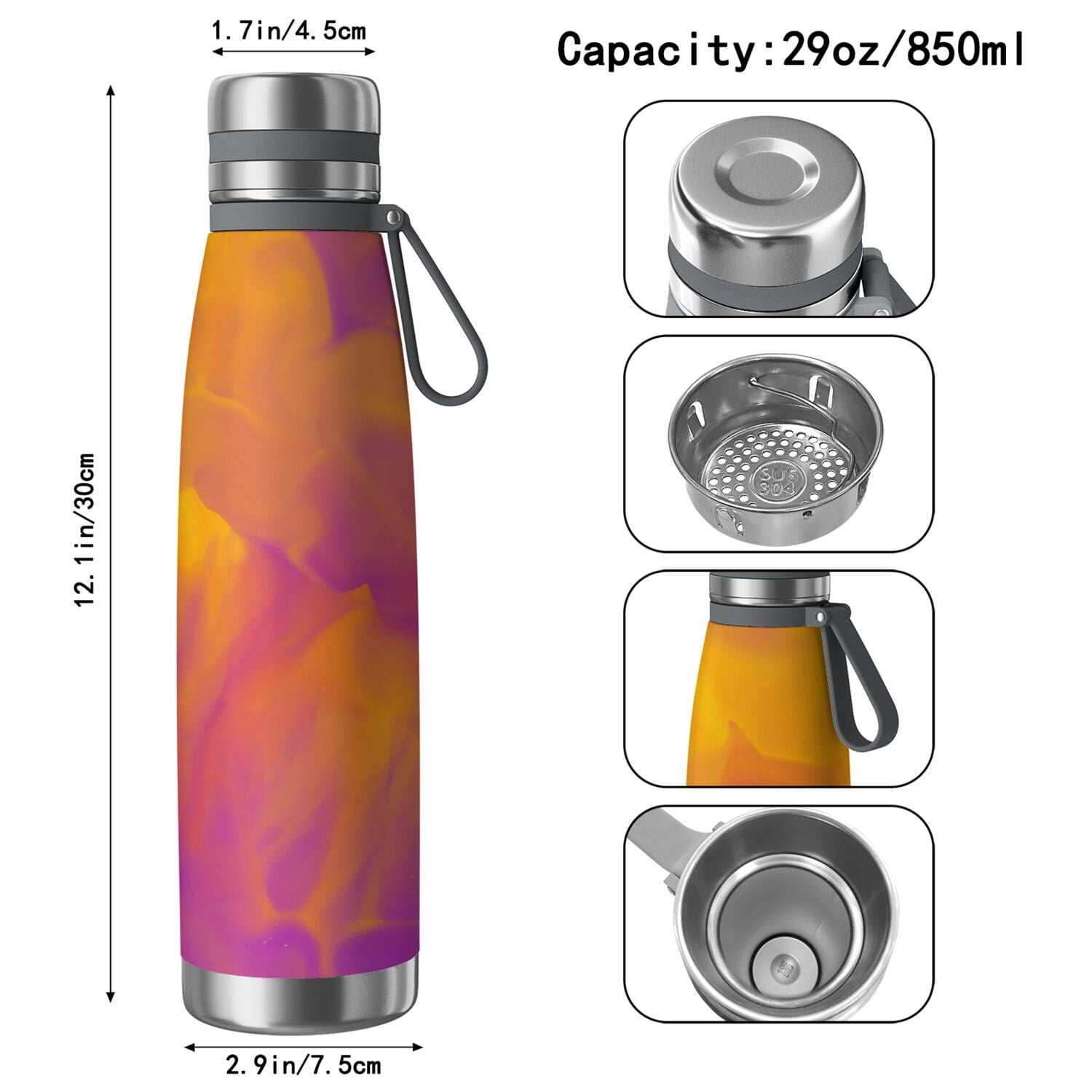 29oz Insulated Water Bottle with Tea Infuser, Stainless Steel Travel Mug, Fluid Smoke Aurora Art Style