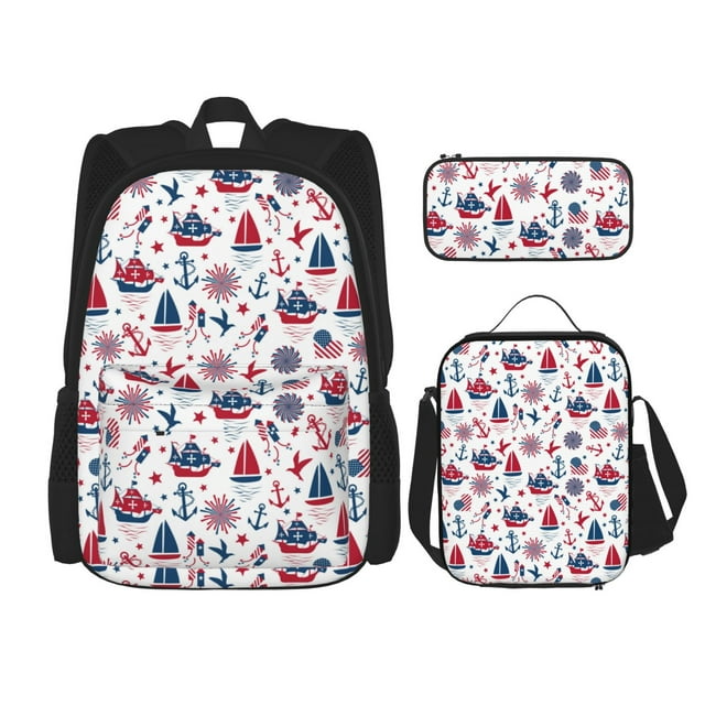 Vsdgher Happy Columbus Day Print Large Capacity Backpack Lunch Bag Pencil Case Combination 3 Piece Set for Student