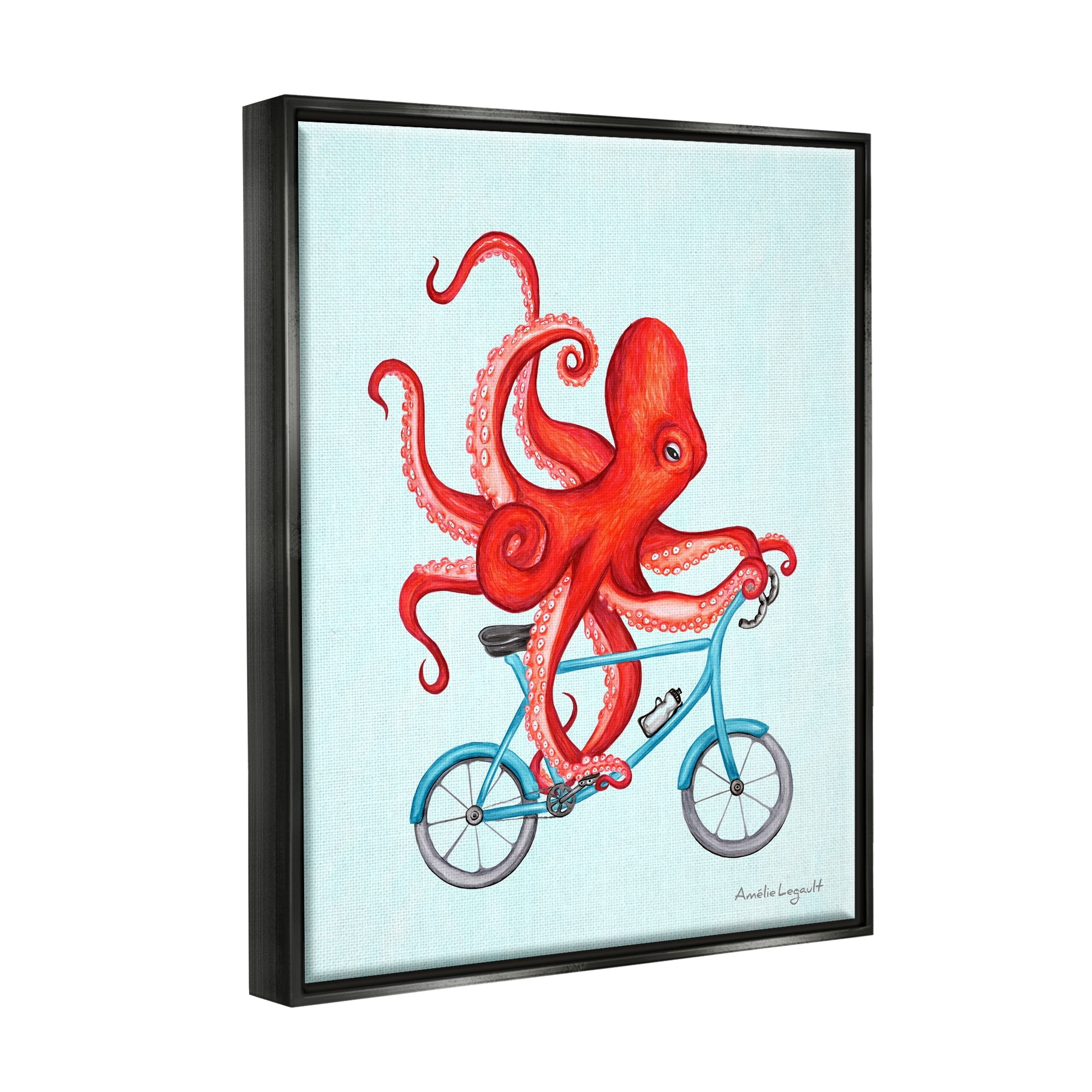 Stupell Industries Red Octopus Tentacles Riding Blue Bike Bicycle Graphic Art Jet Black Floating Framed Canvas Print Wall Art, Design by Amelie Legault