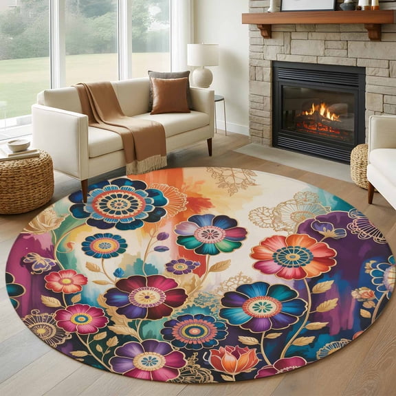 Round Area Rug 6 Ft, Retro Purple Floral Washable Non-Slip Circle Carpet for Living Room/Bedroom, Vintage Botanical Flowers Ethnic Abstract Art Low-Profile Indoor Mats Collection Rugs for Residential