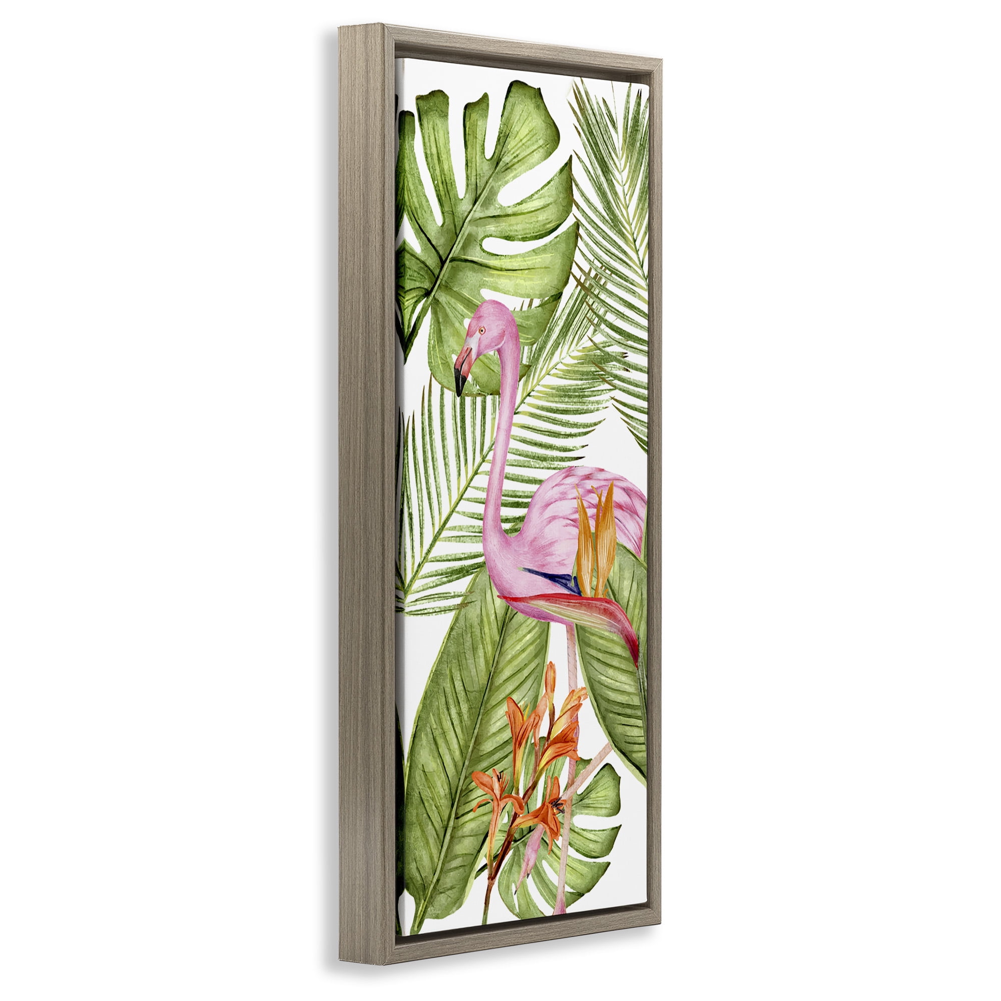 Stupell Industries Tropical Plants & Flamingo Animals & Insects Painting Brown Floater Framed Canvas Art Print Wall Art, 11 x 25