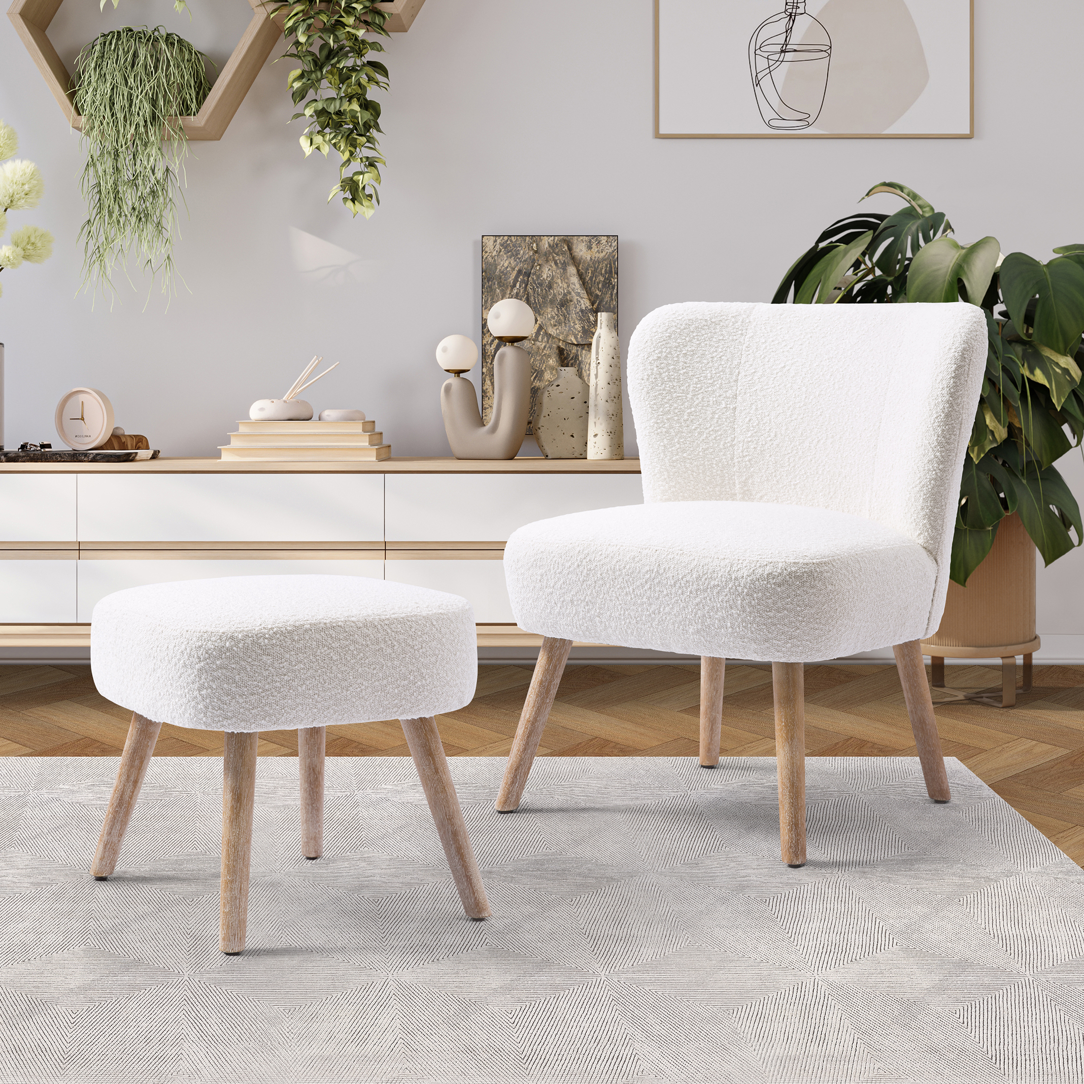 Modern 2PC Set Wide Wingback Accent Chair in Water and Stain Resistant Boucle Upholstered Fabric and Ottoman, Cream
