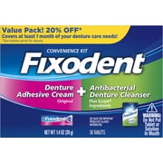 Fixodent Denture Adhesive Cream & Antibacterial Denture Cleanser Kit