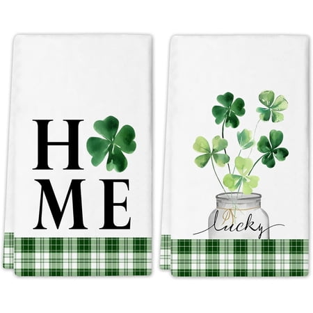 St. Patrick s Day Clover Kitchen Towels  Set of 2  Lucky Shamrock Plaid Dish Towels  Farmhouse Clover Mason Jar Hand Towels for Spring Holiday Decor