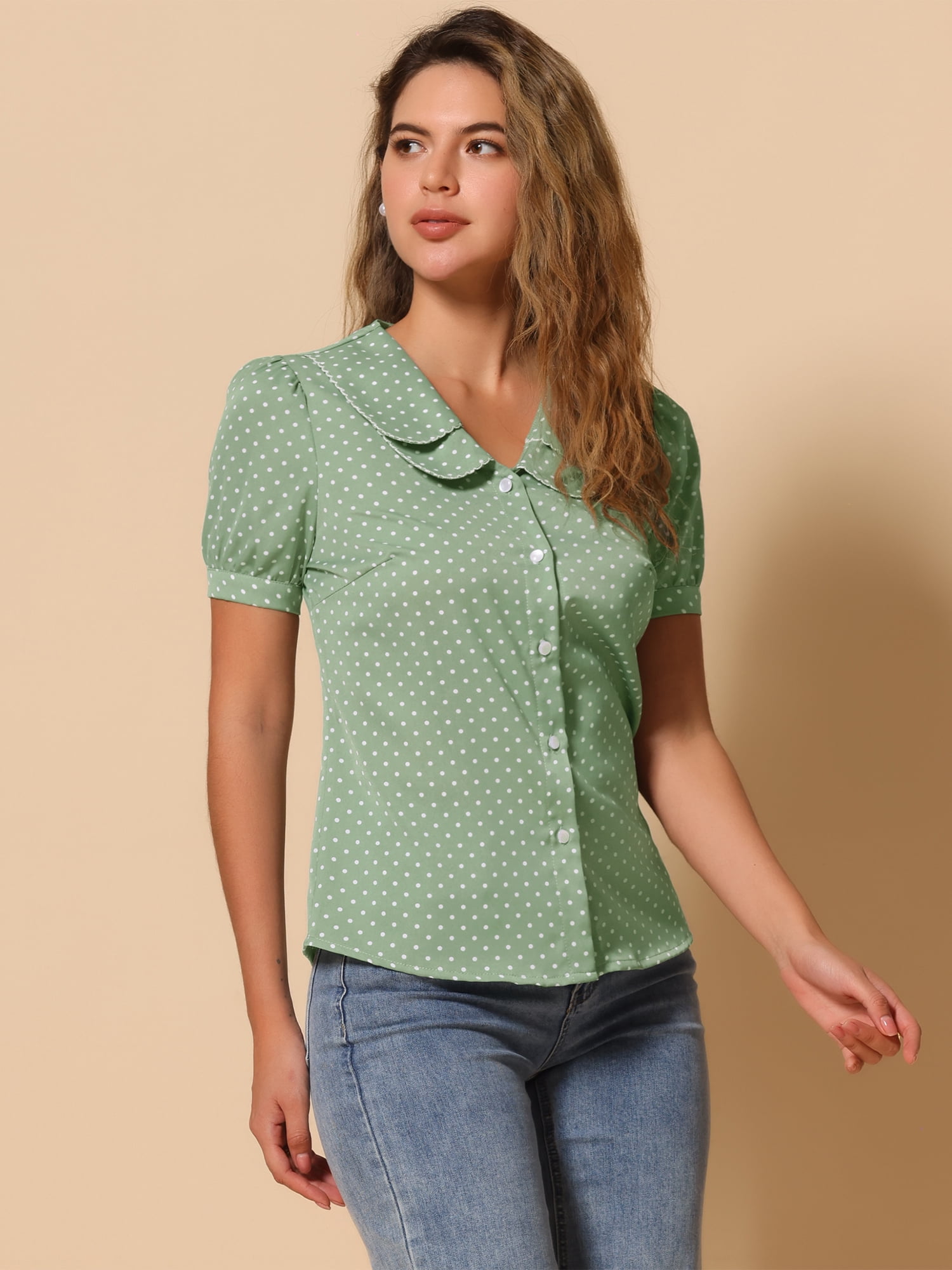 DARING DIVA Women's Polka Dots Peter Pan Collar Puff Sleeve Shirt Top L Light Green