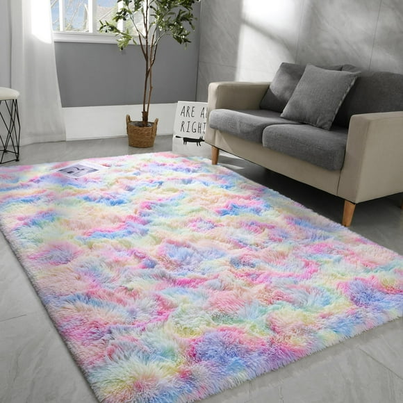 Lucoss Shaggy Area Rug, Plush Furry Rugs for Living Room, Tie-Dyed Grey Soft Fluffy Rugs for Bedroom, Fuzzy Rugs for Nursery, Dorm Shag for Grils Boys, Carpet for Kids Room