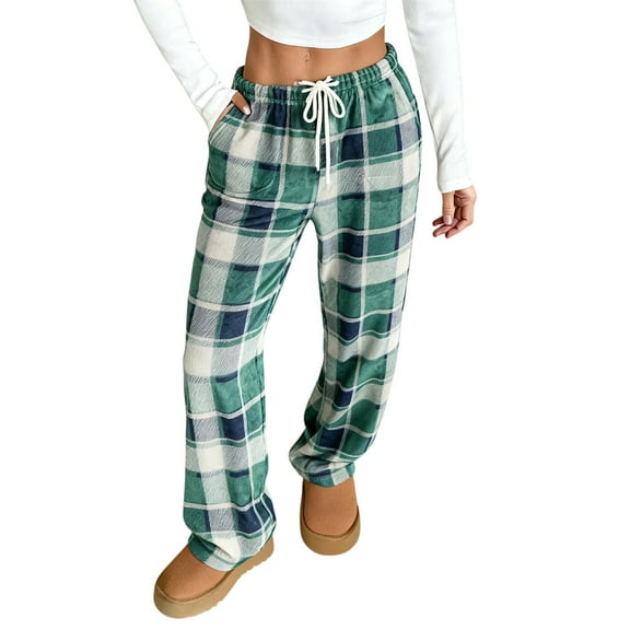 Women's Plush Plaid Pattern Pajama Pants Soft Elastic Waist with 2 Pockets, Dark Green, L