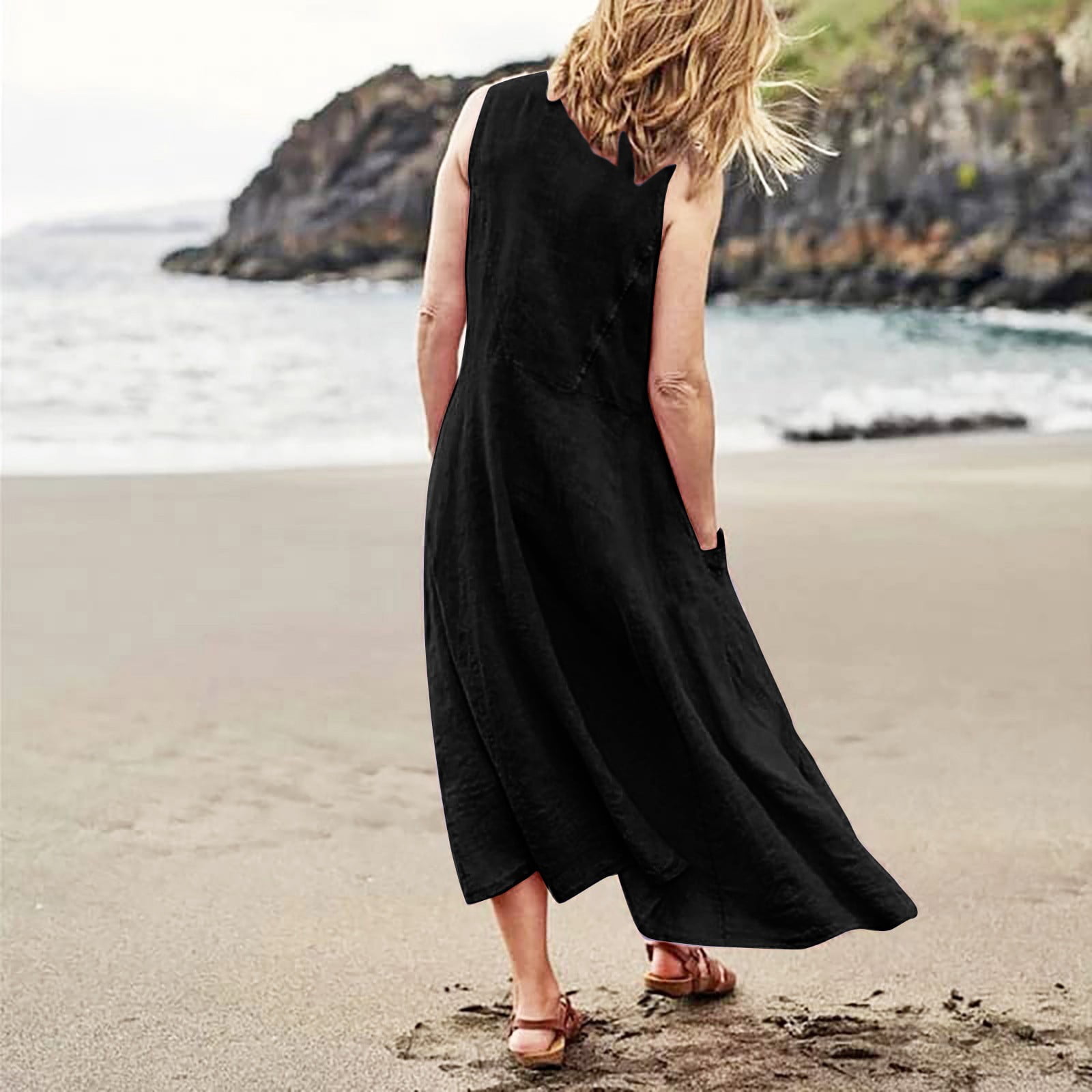 Summer Outfits for Women Casual Work Dresses for Women Long Sleeve Dresses  Tight Petite Winter Dress plus Size Summer Dress with Pockets Womens Solid  Color Round Neck Pockets Casual Long Black 5XL -
