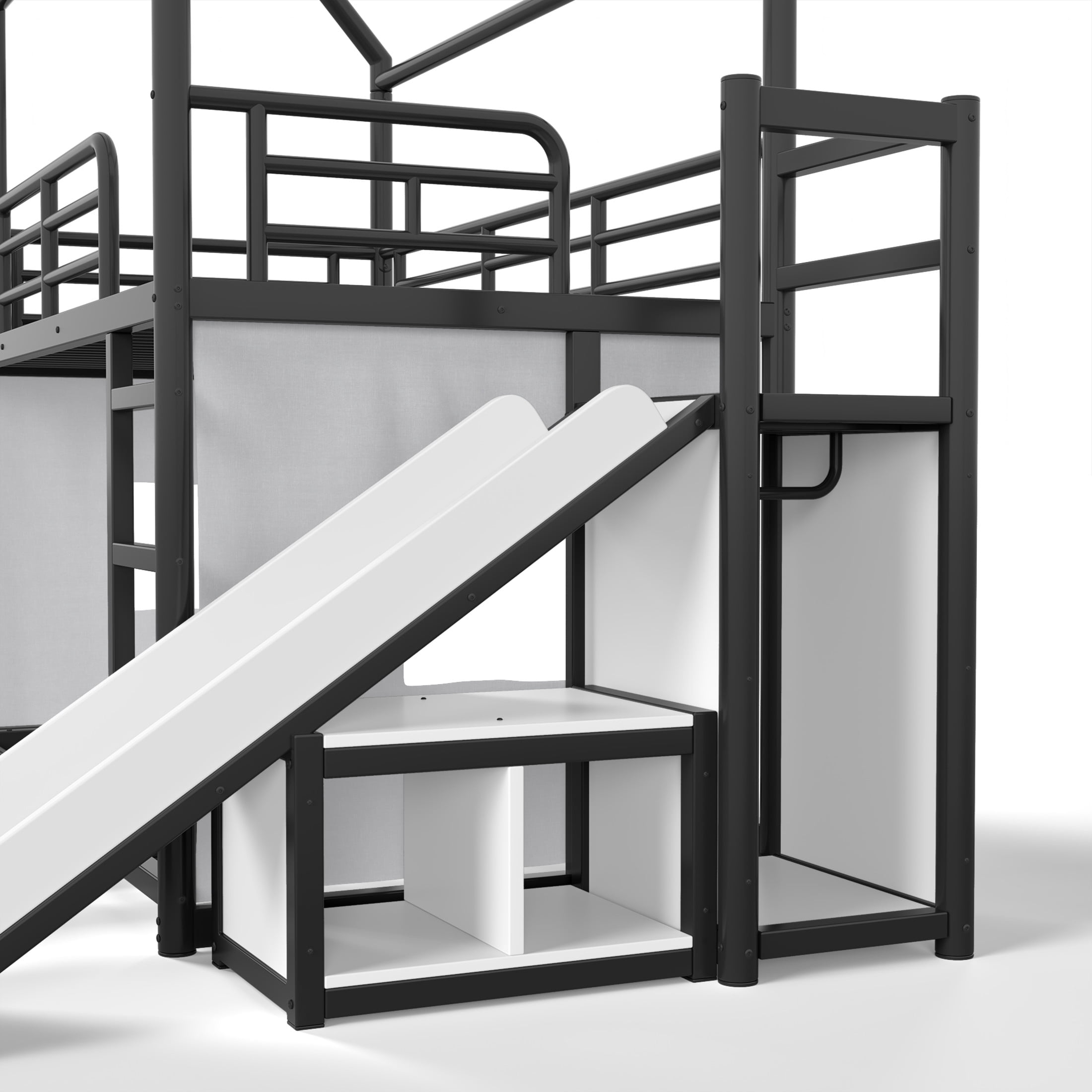 GDF Studio Twin over Full Playhouse Bunk Bed with Slide, Ladder, LED Light, Cabinet & Curtain Rod, Black