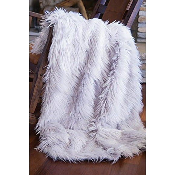 North End Decor Faux Fur Throw Blanket, Mongolian Long Hair Silver,