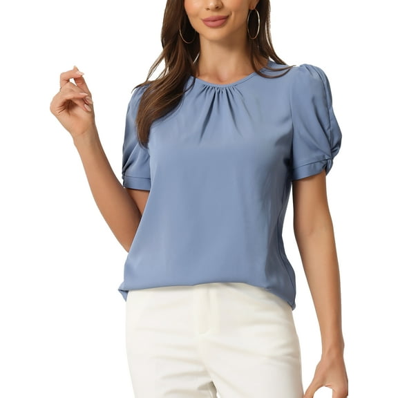 INSPIRE CHIC Ruched Sleeve Blouse for Women's Pleated Front Round Neck Tops XS Blue Gray
