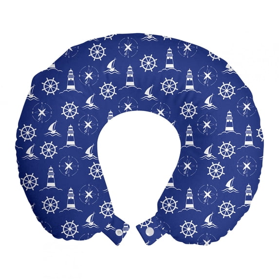 Lighthouse Travel Pillow Neck Rest, Marine Silhouettes Compass Ships and Steering Wheel Nautical Arrangement, Memory Foam Traveling Accessory Airplane and Car, 12", Violet Blue White, by Ambesonne