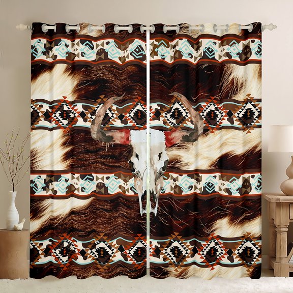 Castle Fairy Western Bull Skull Curtains Pack of 2 (42x84 Each) for Female Men Women,Bohemian Tribal Aztec Curtains Blackout,Farmhouse Animal Cow Print Bedroom Curtains,Breathable Home Decor