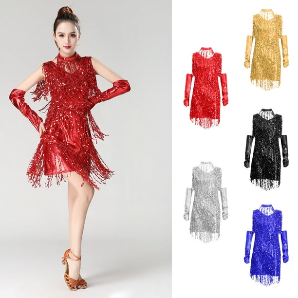 Vestido de baile de salon ropa para mujer con lentejuelas y adorno de cuello para danza samba cha cha l baoblaze vestido de baile de salon