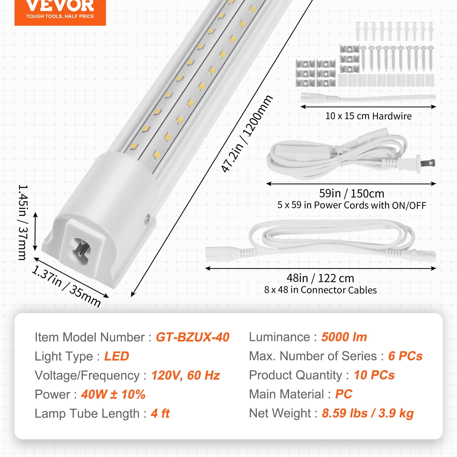 VEVOR 10 Pack LED Shop Light, 4 FT, 40W Linkable Shop Light Fixture, 6500 LM Ceiling Lights 59 in Power Cords with ON/OFF Switch 48 in Connector Cables, for Garage Warehouse Home Workkshop