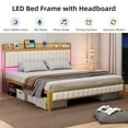 thumbnail image 6 of FOLDLIFE King Bed Frame with Charging Station, LED Bed Frame with Storage Headboard, Upholstered Platform Bed Frame, No Box Spring Needed, Easy Assembly, White＆Gold, 6 of 10
