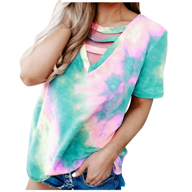 Birdeem Womens Plus Size Tie Dyed Printed Short Sleeved V-Neck Top/Shirt