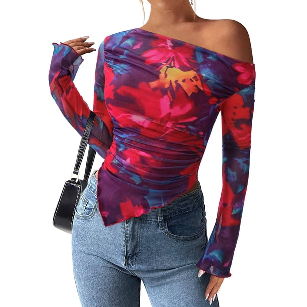 Blusa PRETTYGARDEN Mujer Hombros Descubiertos Y2K Tie Dye de Malla