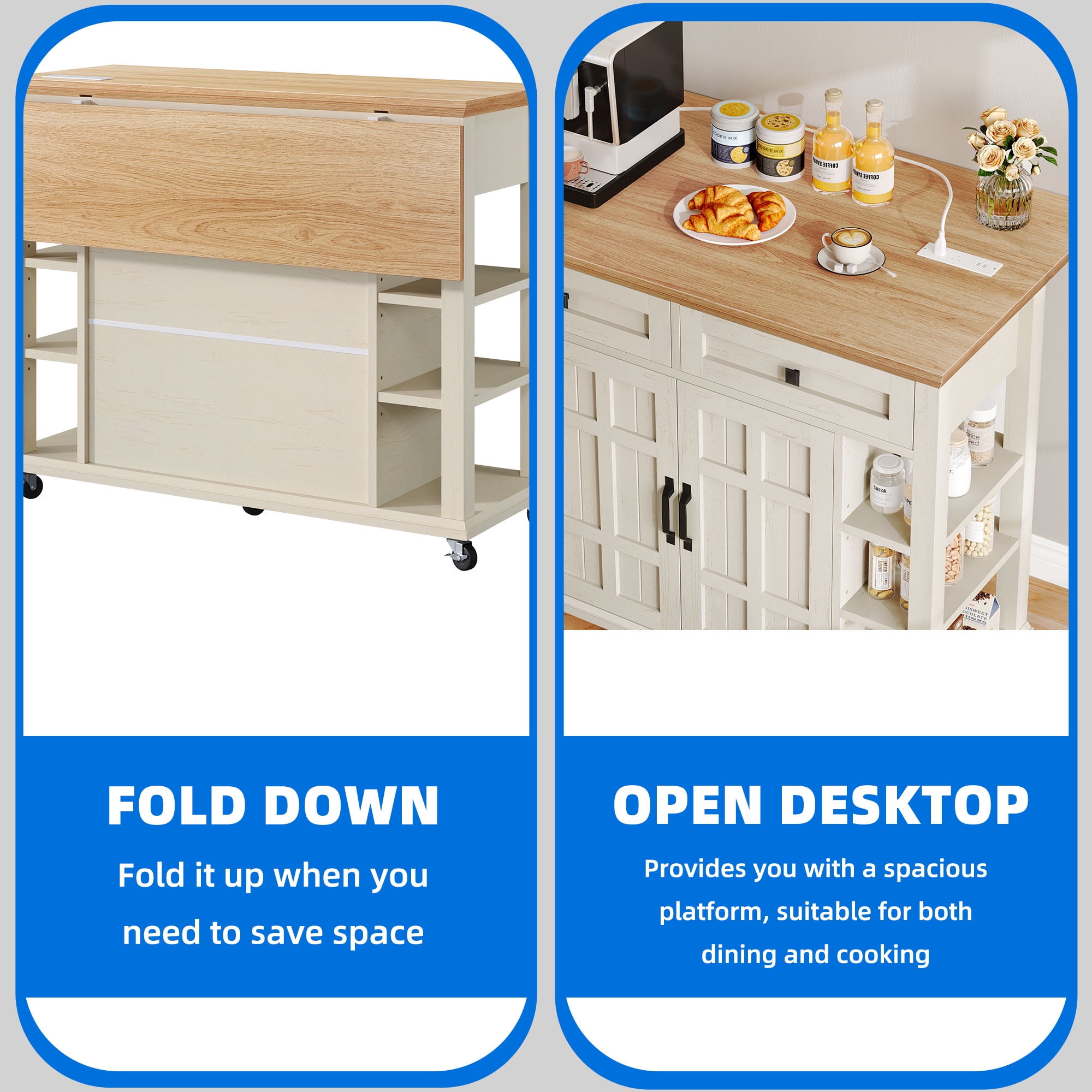 Uforic Kitchen Island Cart with Power Outlets, Kitchen Storage Cart with Storage Shelves & Drawers, Off-White