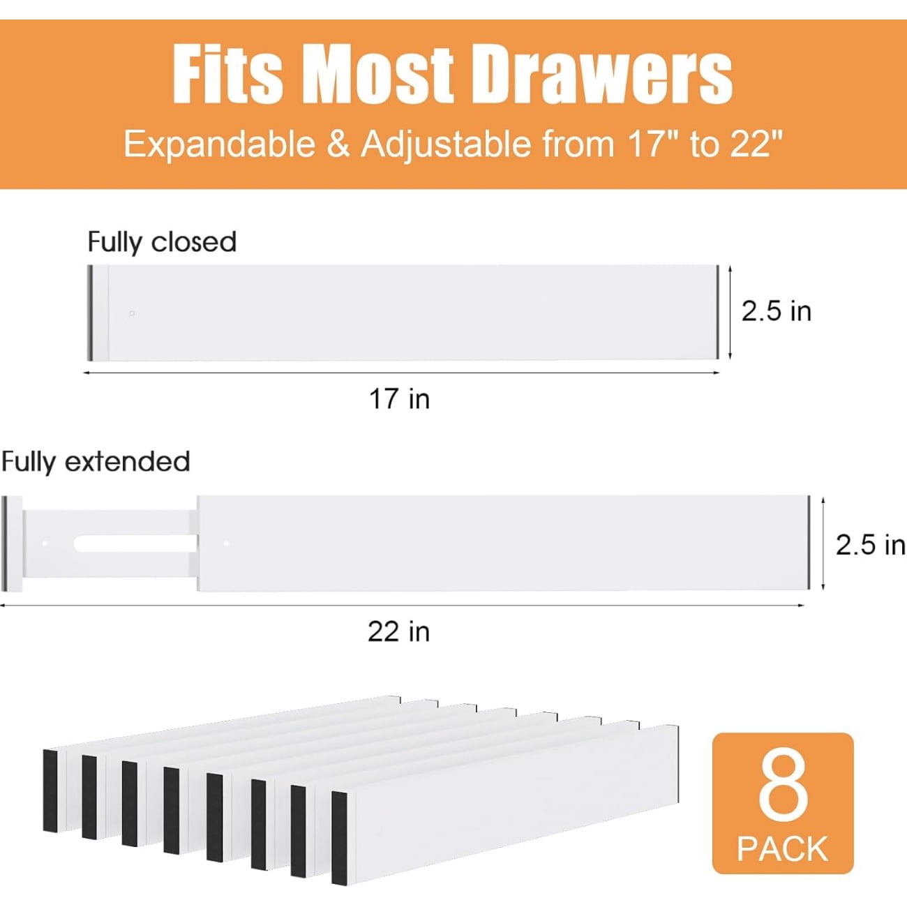 8 Pack Drawer Dividers 2.5" High, 17-22" Adjustable Dresser Drawer Organizers for Clothes, Expandable Dresser Separators in Bedroom/Bathroom/Kitch