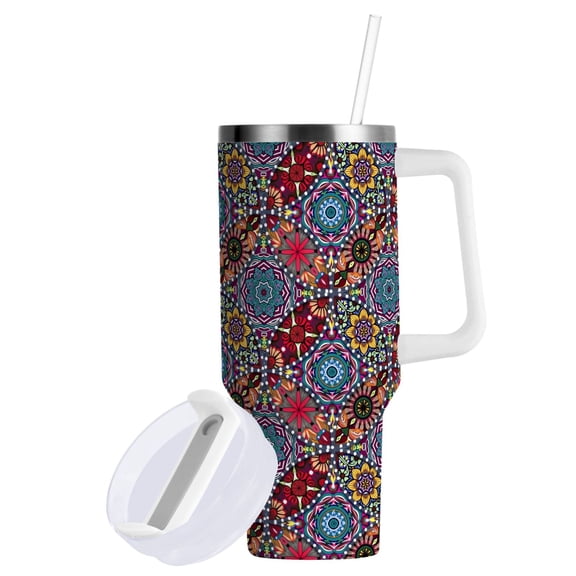 Yayeee 40oz Stainless Steel Tumbler with Straw and Handle Double-Wall Insulated Travel Water Bottle, Colorful Mandala Pattern