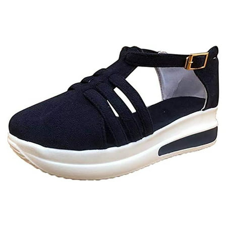 

Egmy Ladies Wedge Platform Buckle Sandals Closed Toe Solid Color Round Toe Sandals