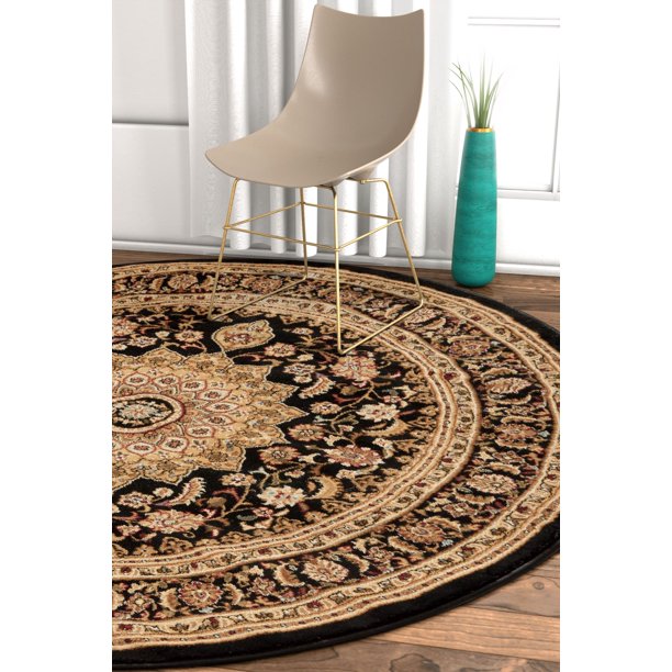 Well Woven Sultan Medallion Black Oriental 8 Round (7'10" Round) Area