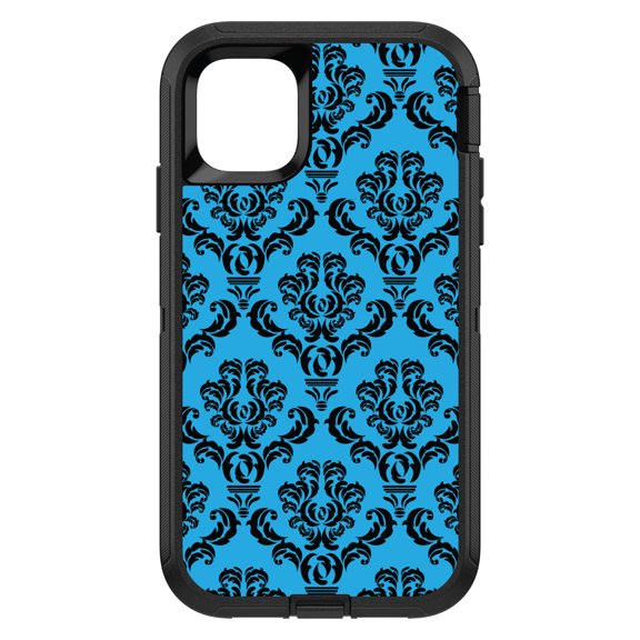 DistinctInk Custom SKIN / DECAL compatible with OtterBox Defender for iPhone 11 (6.1" Screen) - Blue Black Damask Pattern - Floral Damask Pattern