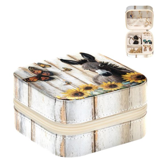 PhooArto Small Jewellery Box, Wooden Donkey Butterflies Sunflowers Portable Travel Mini Jewelry Case for Women Leather Ring Organizer