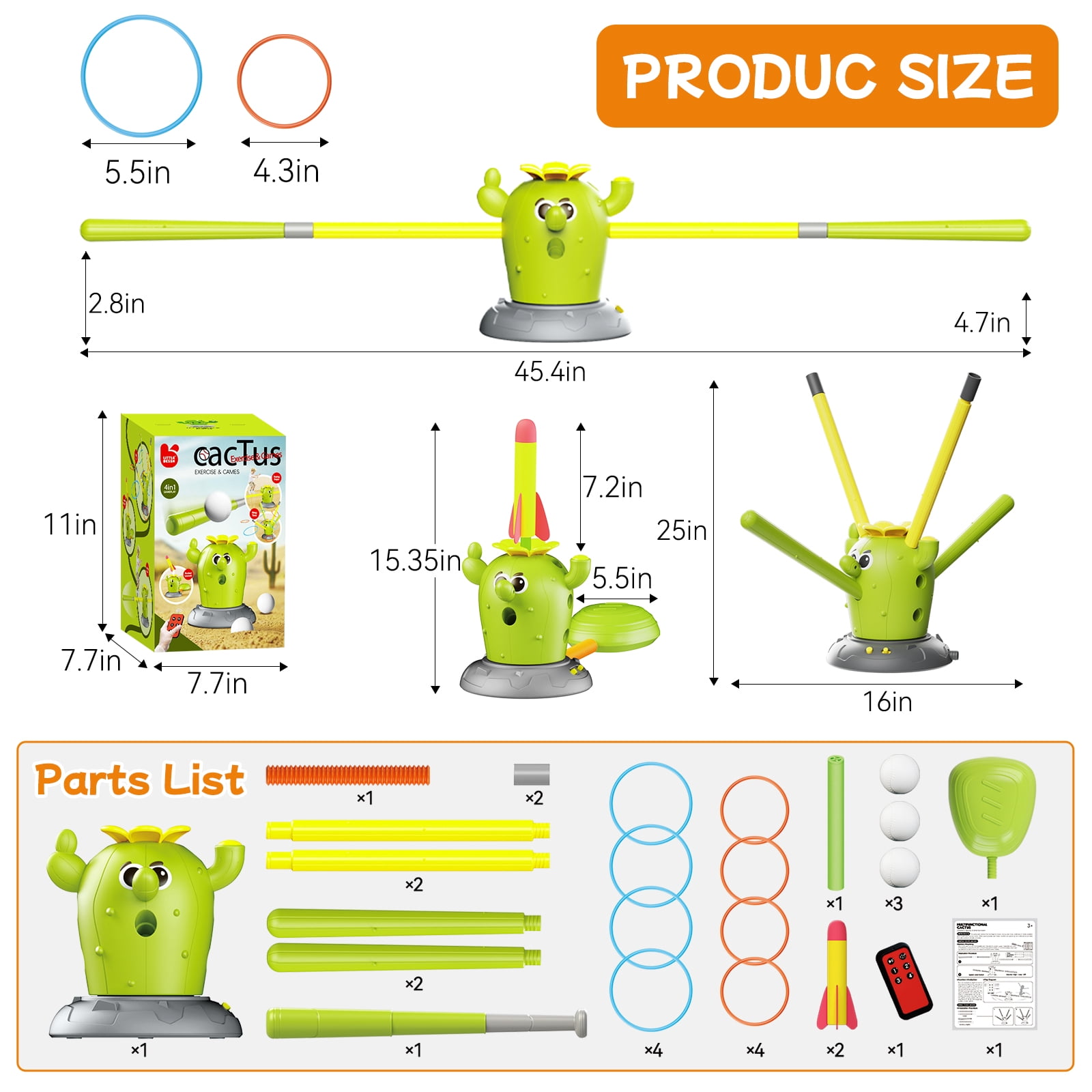 KNMDU 4-in-1 Cactus Toy Set with Ring Toss, Baseball, and Stomp Rocket Launcher, Active Play Outdoor Toy for Kids Ages 4-8