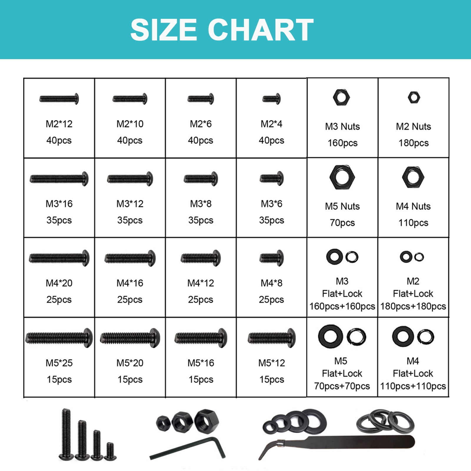 Machine Screw Assortment Kit M2 M3 M4 M5 Metric Bolts and Nuts Kit with Lock and Flat Washers Hex Button Head 10.9 Alloy Steel Cap Screw Set with Allen Wrench 2020 Pcs