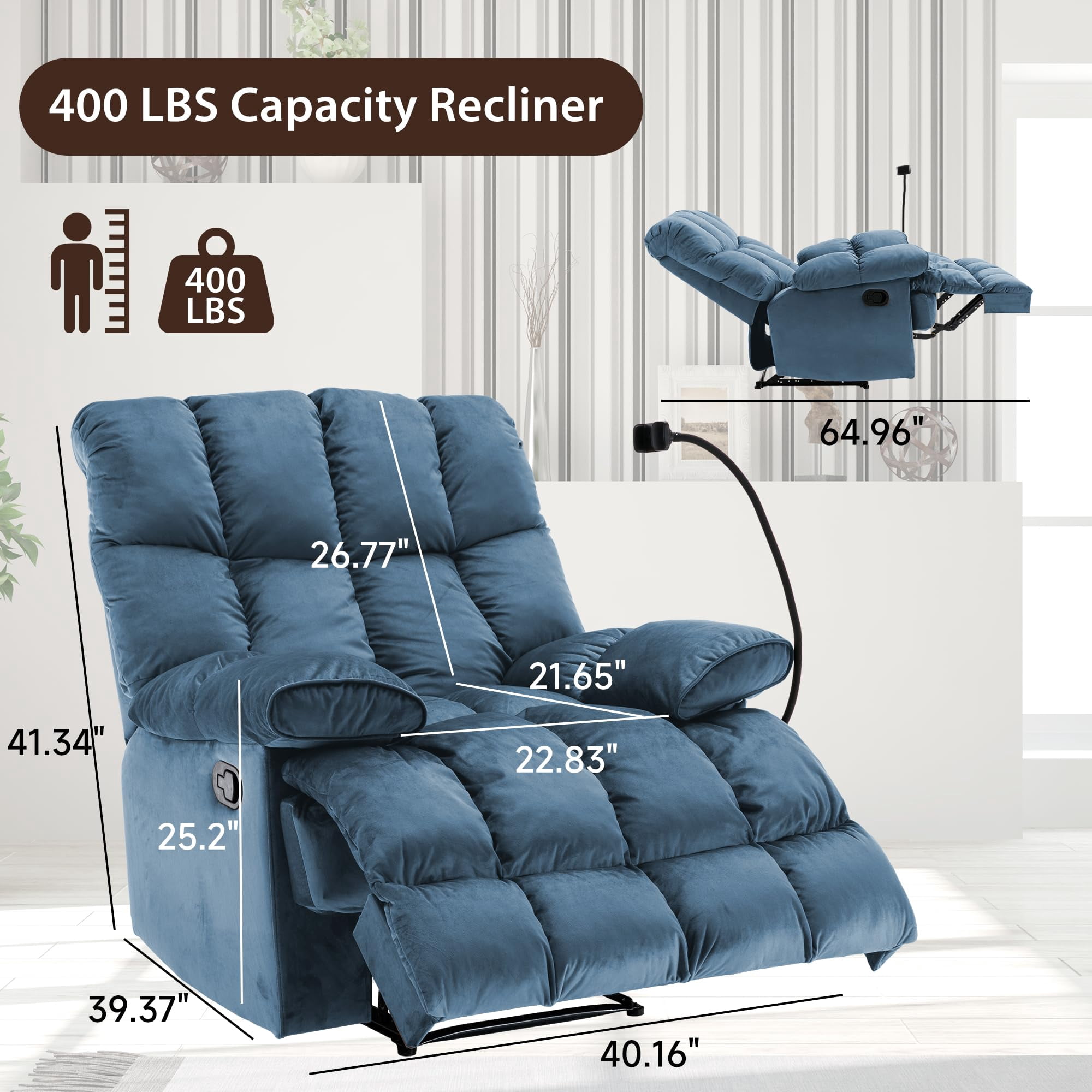 Oversized Recliner Chair Manual Reclining 90°-150° Living Room Velvet Wide Seat Heavy Duty Lounge Velvet Chair Manual Recliner Chair for Adults, 400LBS Capacity