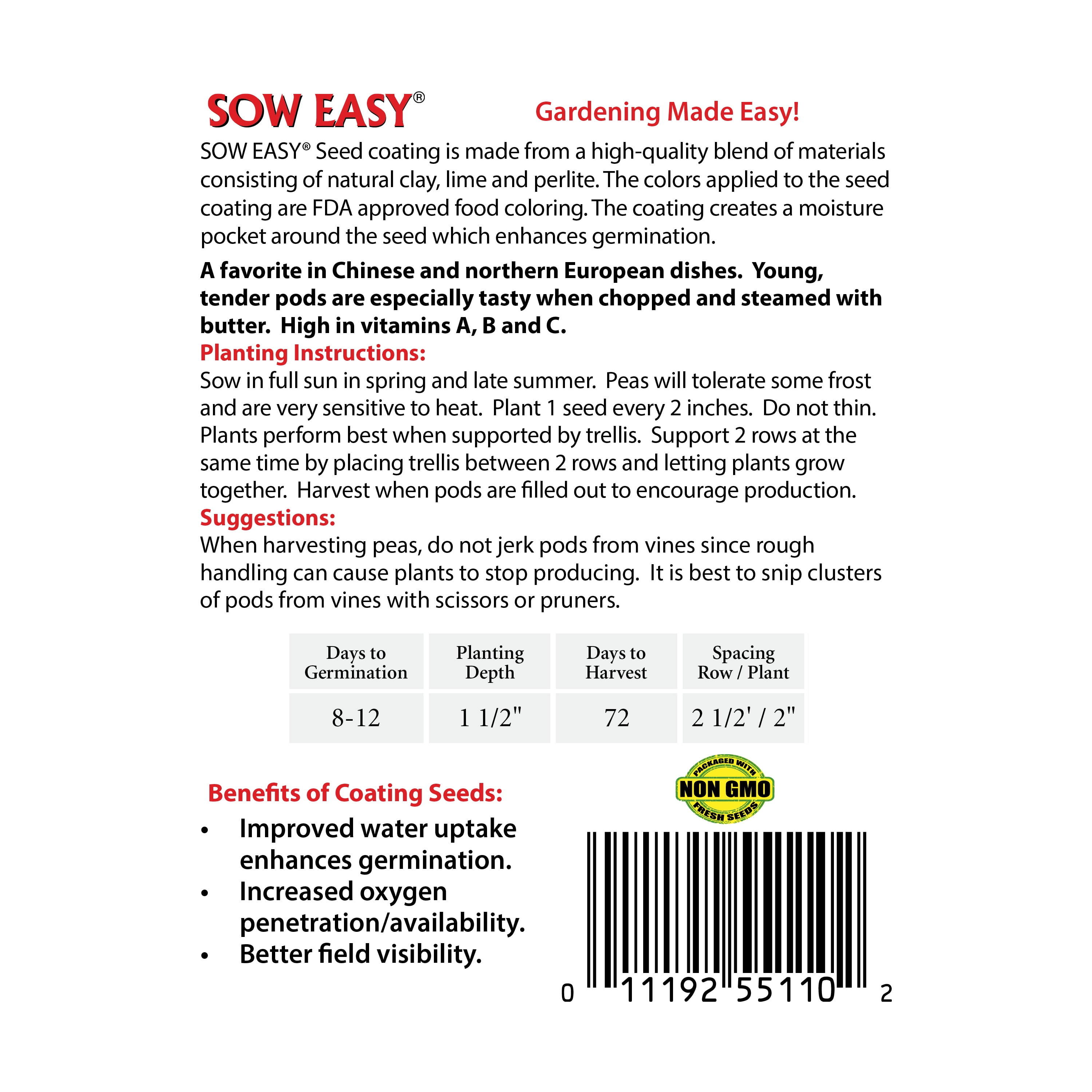 Ferry-Morse Sow Easy 45PCS Pea Melting Sugar Snow Vegetable Plant Seed Full Sun