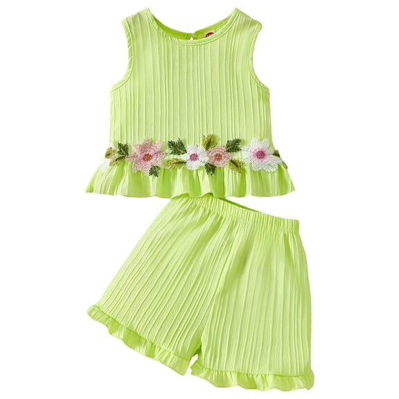 VUHXZWAF Girls Summer Outfits Sleeveless Floral Ruffle Hem Tops and Shorts Kids Short Sets Size 5-6 Years