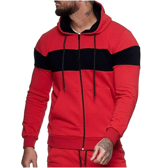 Hoodies For Men Men's Sweater Color Block Hooded Sports Casual Sweater Red M JE