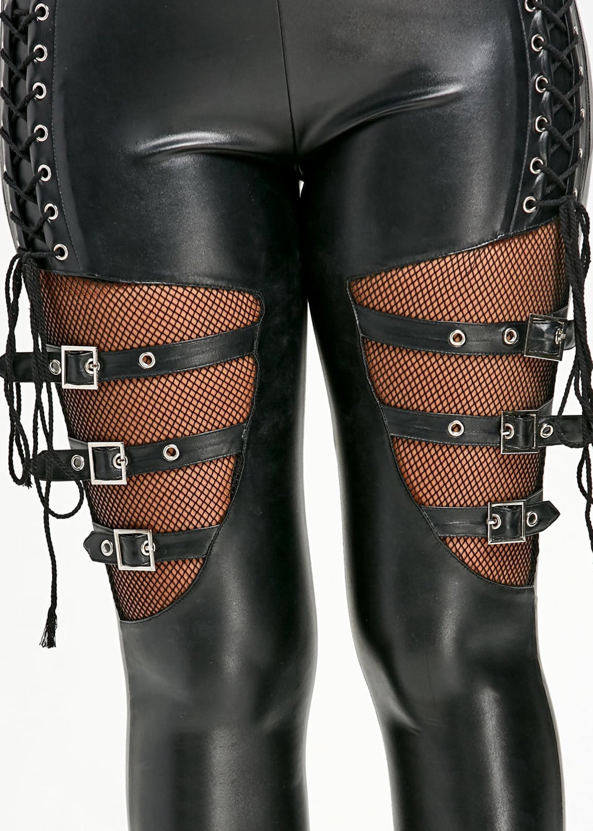Women’s Faux Leather Lace-Up Leggings – High Waist Gothic Pants with Mesh Panels and Buckle Straps