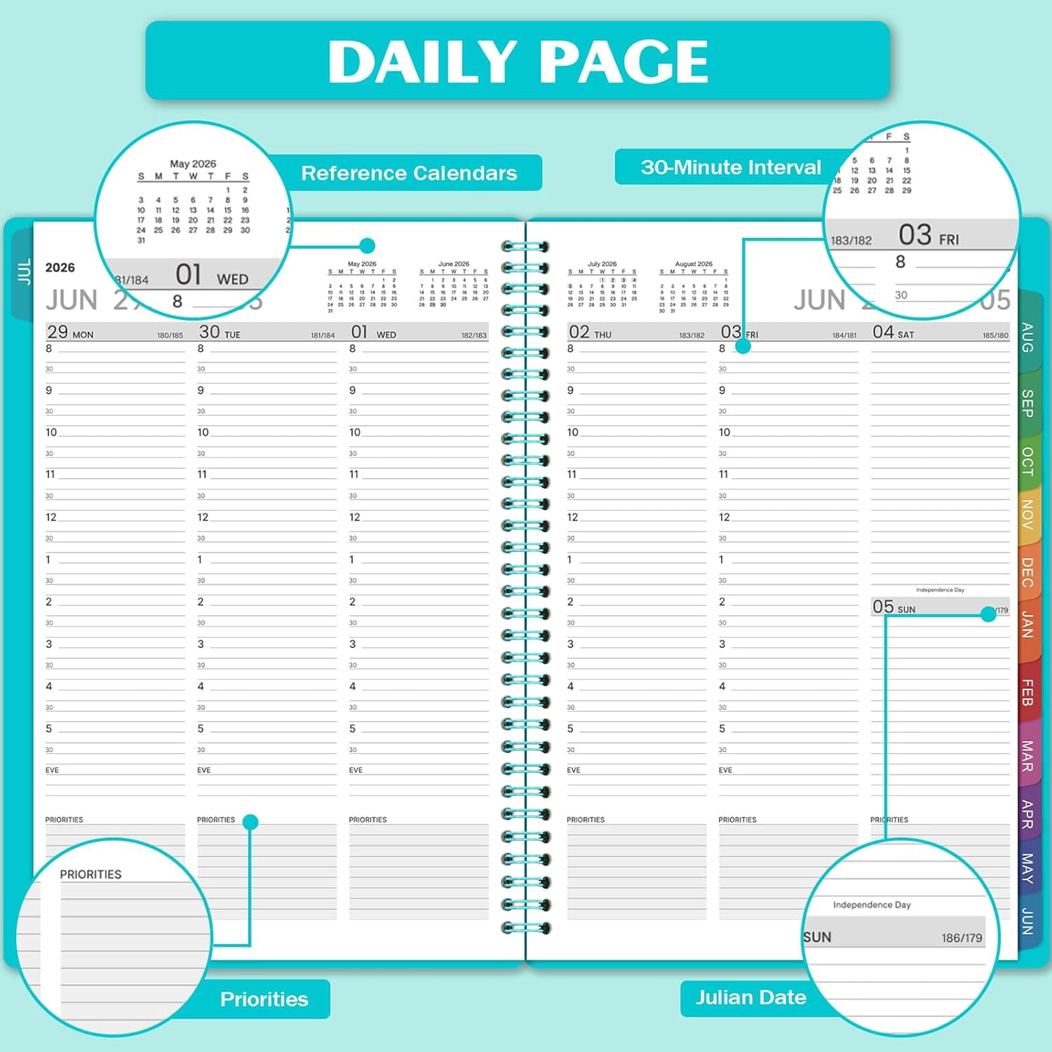 2026-2027 Weekly Appointment Book & Planner - Daily Hourly Planner 2026-2027, 9" x 11", July 2026 - June 2027, 30-Minute Interval, Lay - Flat, Spiral Binding, Thick Paper - Teal Green$$Office