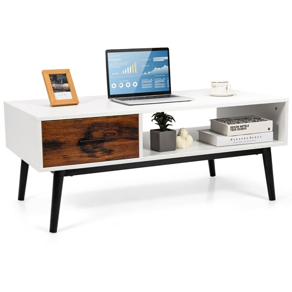 Finihen Wooden Coffee Table, Rectangular Coffee Table, Rectangular Wooden Coffee Table with Drawer and Open Storage Shelf, for Living Room, Reception Room, Office, White